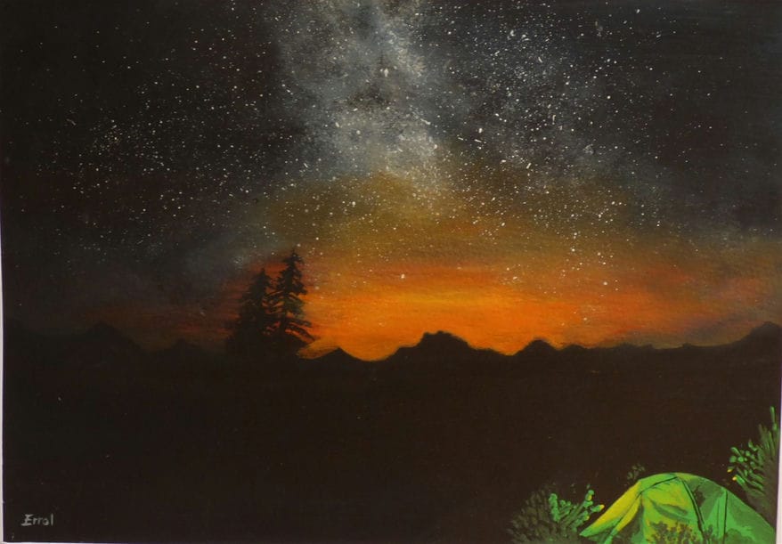 green tent and night sky painting for sale