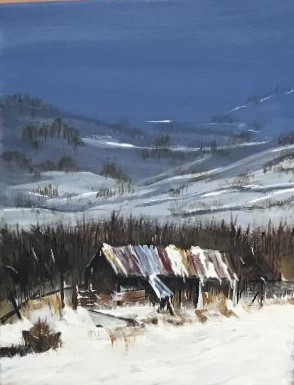 hut in the snow painting for sale