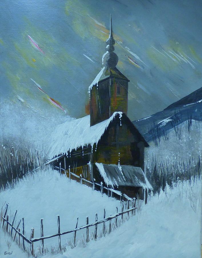 Snow scene with high barn