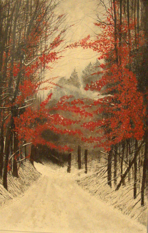 snow path through trees painting for sale